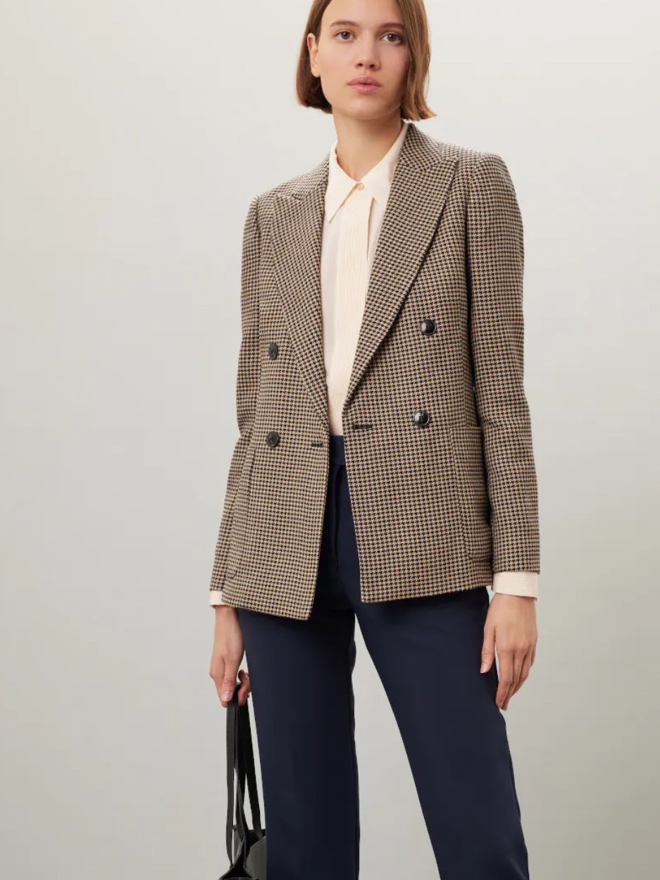 Reiss Ella Double-Breasted Dogtooth Wool-Blend Puckered Shoulder Blazer Size 2
